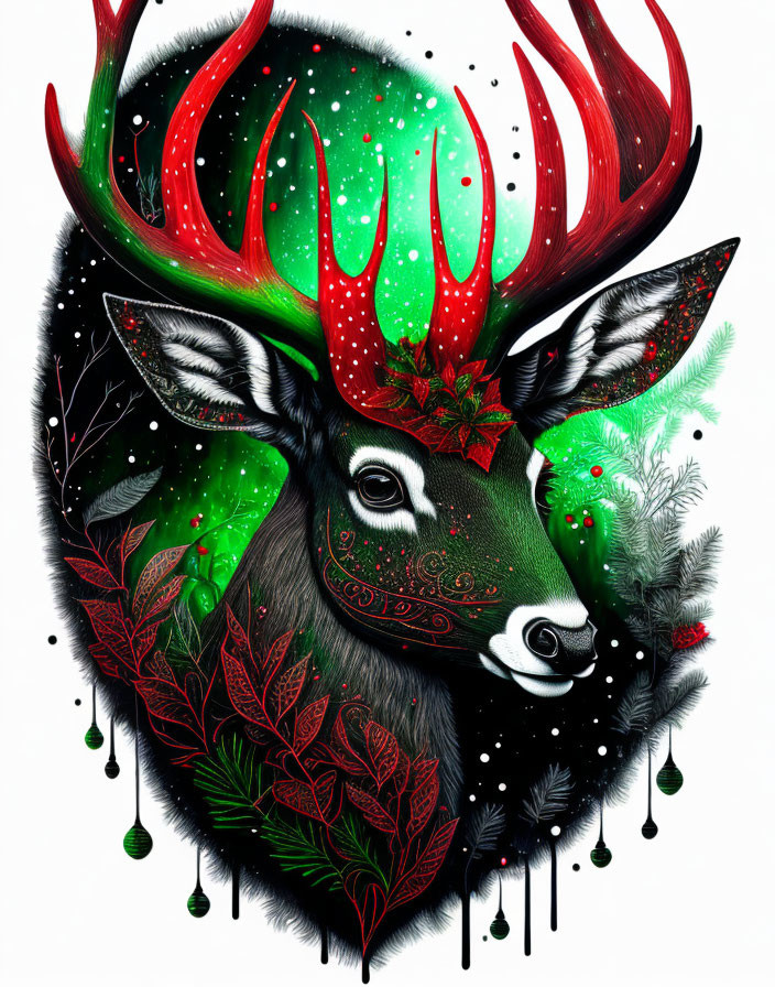 Vibrant red antlers and intricate patterns on deer illustration.