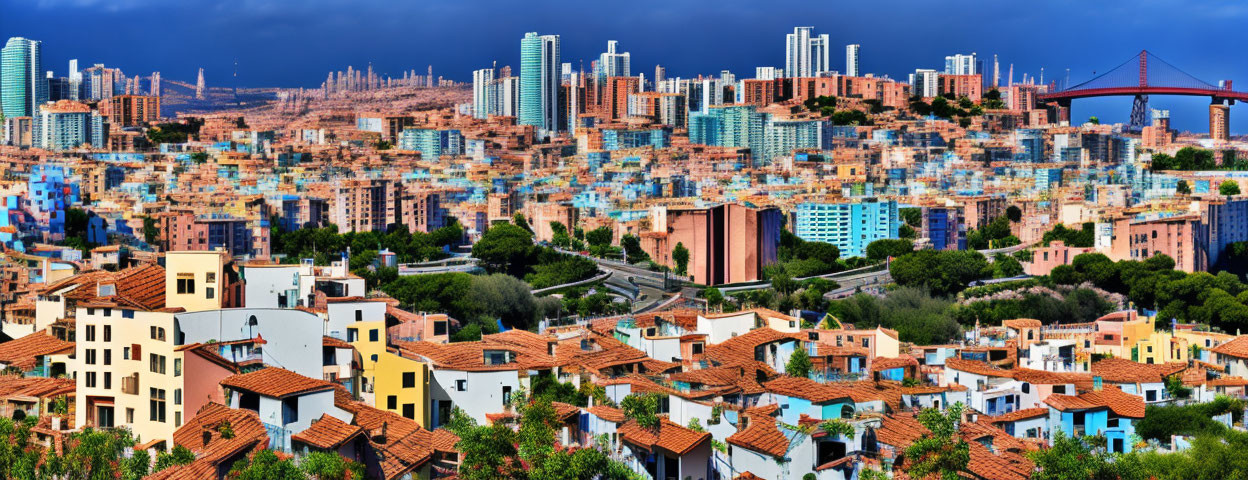 Colorful cityscape with bridge under cloudy sky