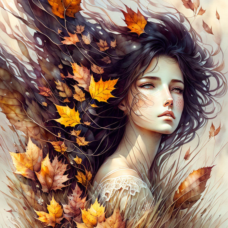 Digital artwork: Woman with dark hair in autumn leaves ambiance