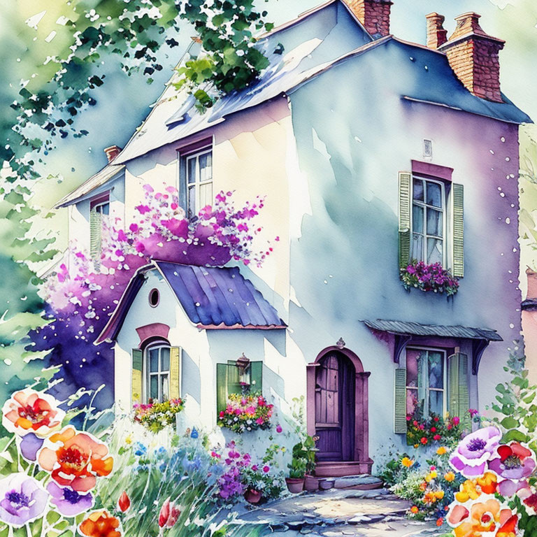 Blue Facade Two-Story House Surrounded by Flowers in Watercolor