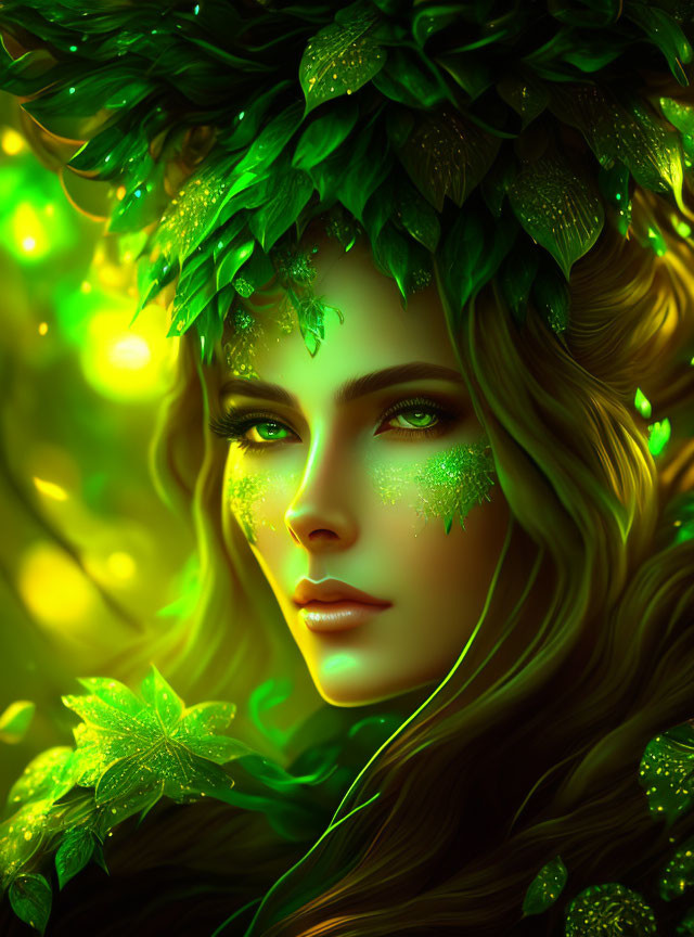 Fantasy portrait: Woman with green foliage, sparkling eyes, dewdrop leaves