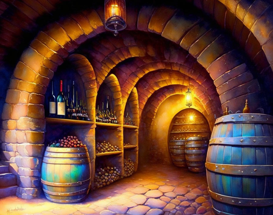 Cozy Wine Cellar with Arched Brick Walls & Wooden Barrels