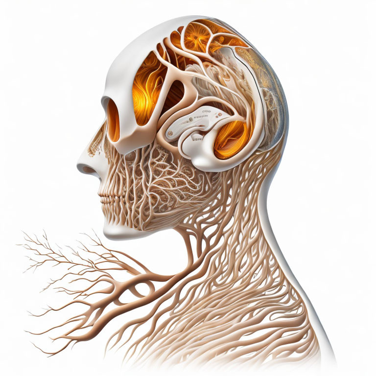 Detailed Human Head Anatomy Illustration in Profile View