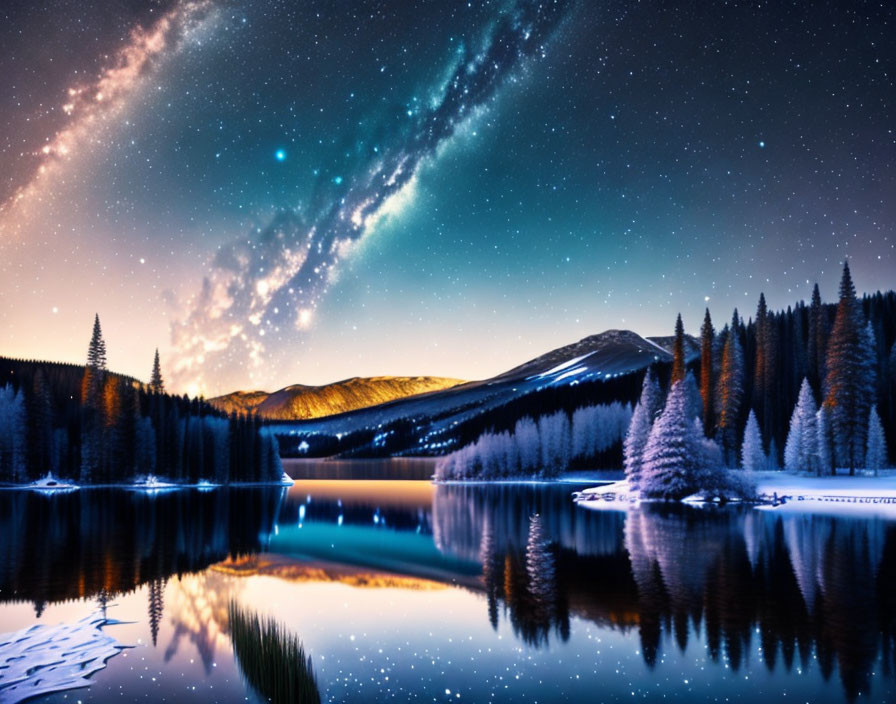 Snow-capped mountains under starry sky reflected in serene lake