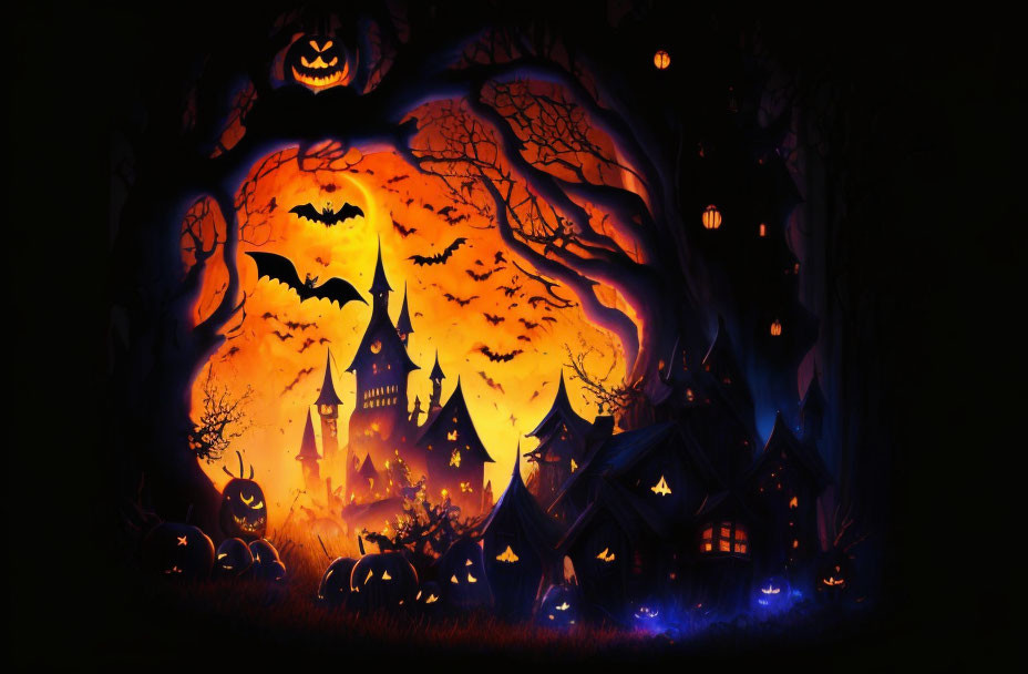 Eerie Halloween night with haunted houses, bare trees, bats, jack-o'-lanterns,