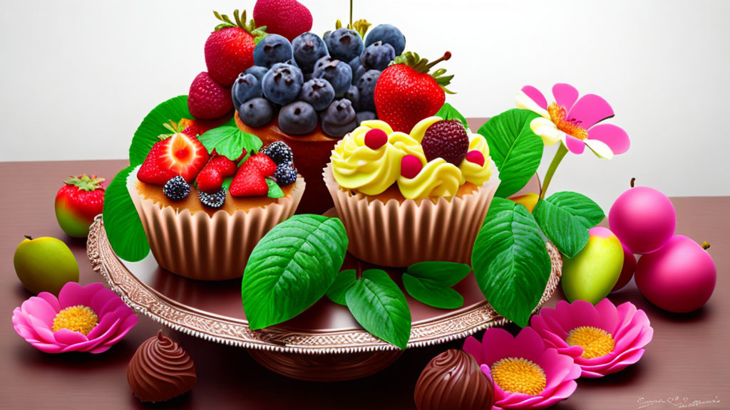 Colorful fruit-topped cupcakes with flowers, leaves, and chocolates on wooden tray