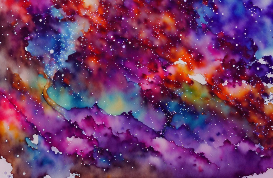 Colorful Cosmic Watercolor Painting in Purple, Blue, and Red