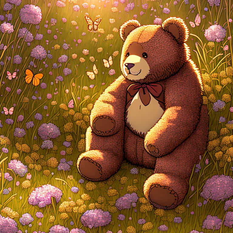 Plush teddy bear in purple flower field with butterflies