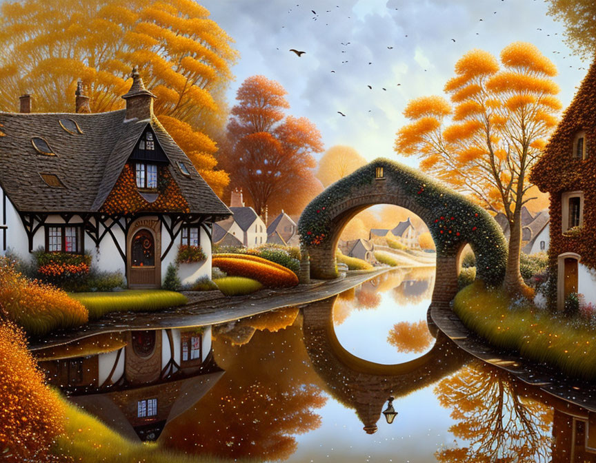 Tudor-style house by river in autumn village scene