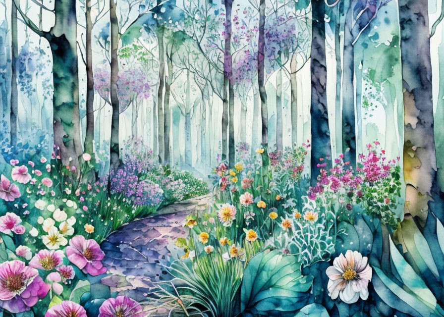 Whimsical forest watercolor painting with colorful flowers and slender trees