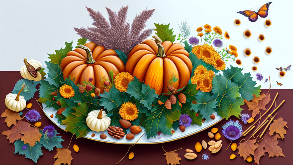 Autumn Still Life: Pumpkins, Sunflowers, Nuts, Marigolds, Maple Leaves