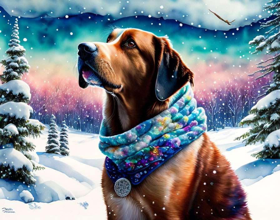 Brown dog with scarf in snowy landscape under pink and blue sky