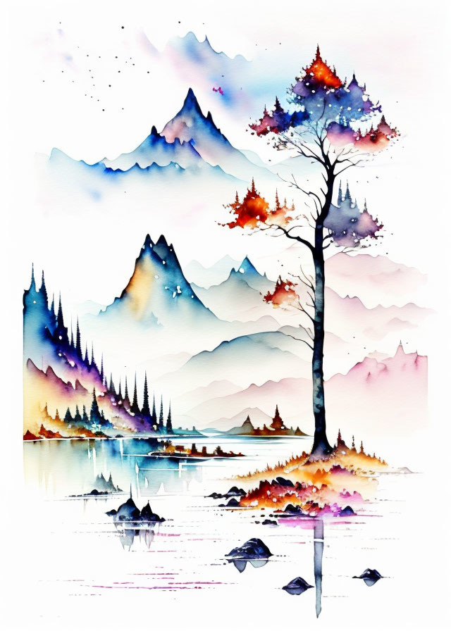 Colorful Watercolor Painting of Whimsical Landscape