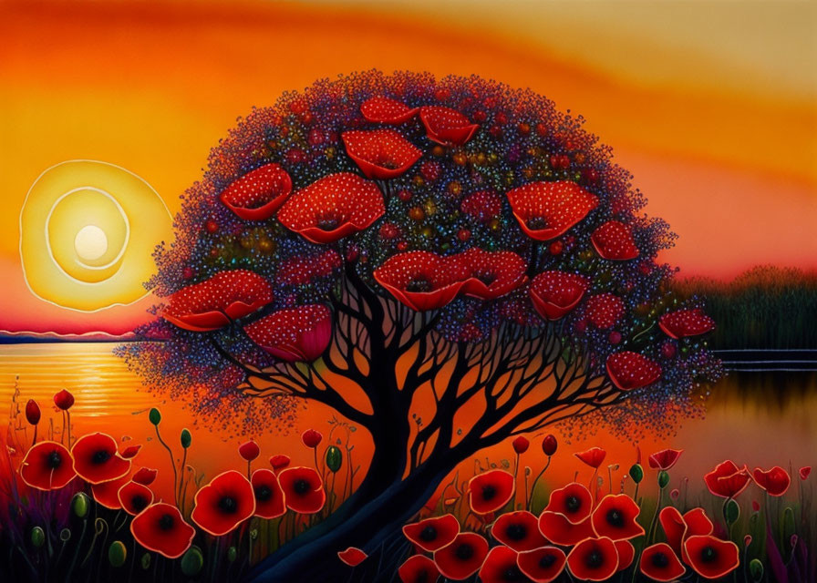 Vibrant painting of tree with red poppy-like flowers at sunset