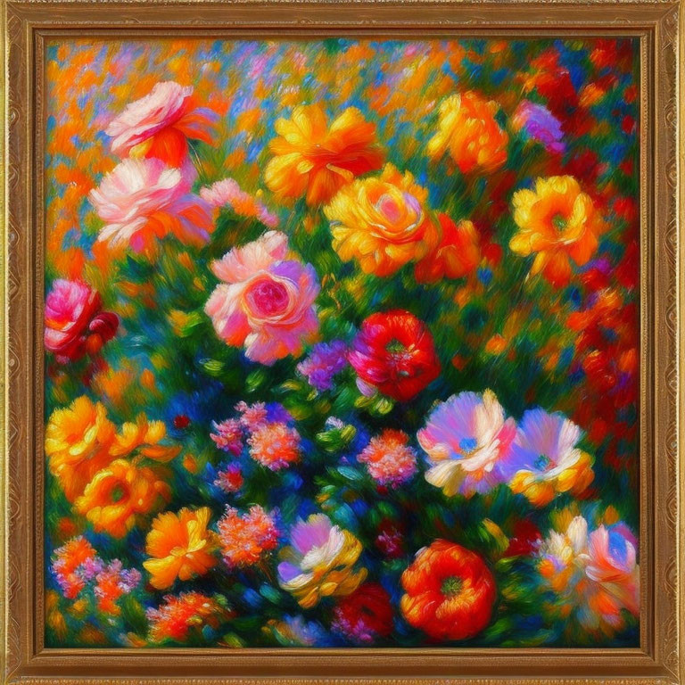 Colorful Diverse Bouquet Oil Painting in Ornate Golden Frame