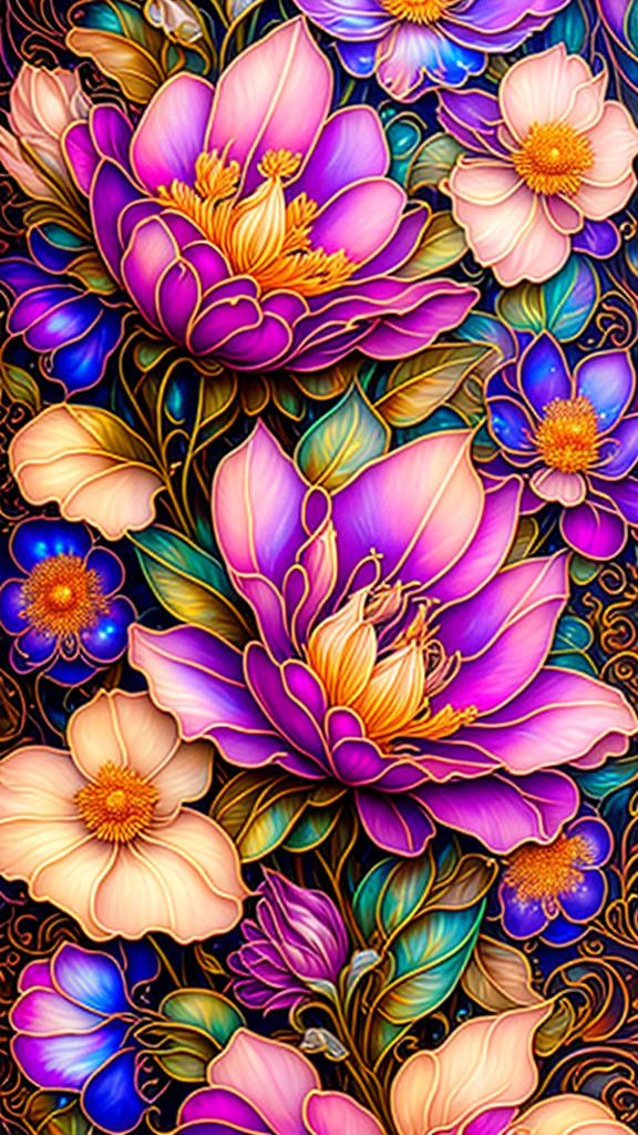 Colorful digital artwork: stylized purple, pink, and gold flowers with intricate blue and golden swirl