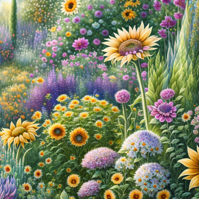 Colorful Sunflower and Daisy Garden with Purple Flowers