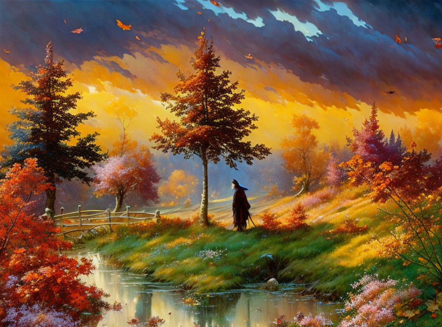 Colorful autumn landscape: trees, river, figure under tree