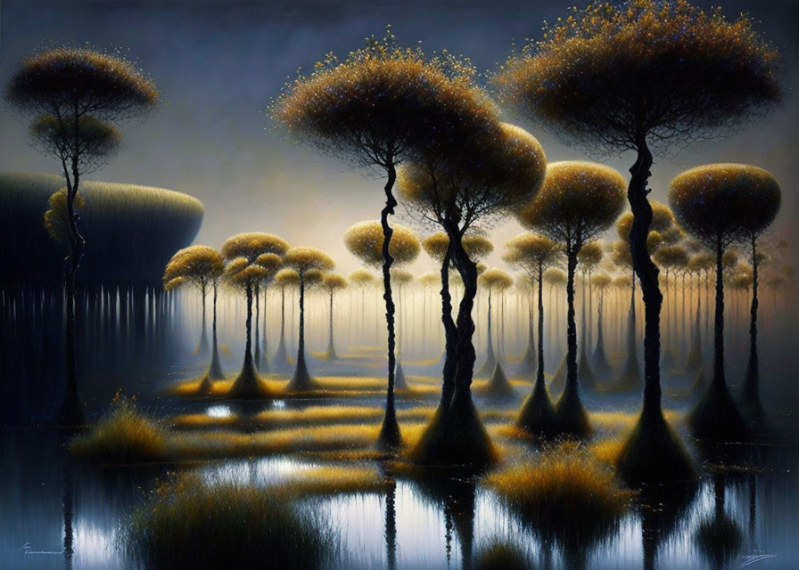 Elongated glowing trees in surreal twilight landscape