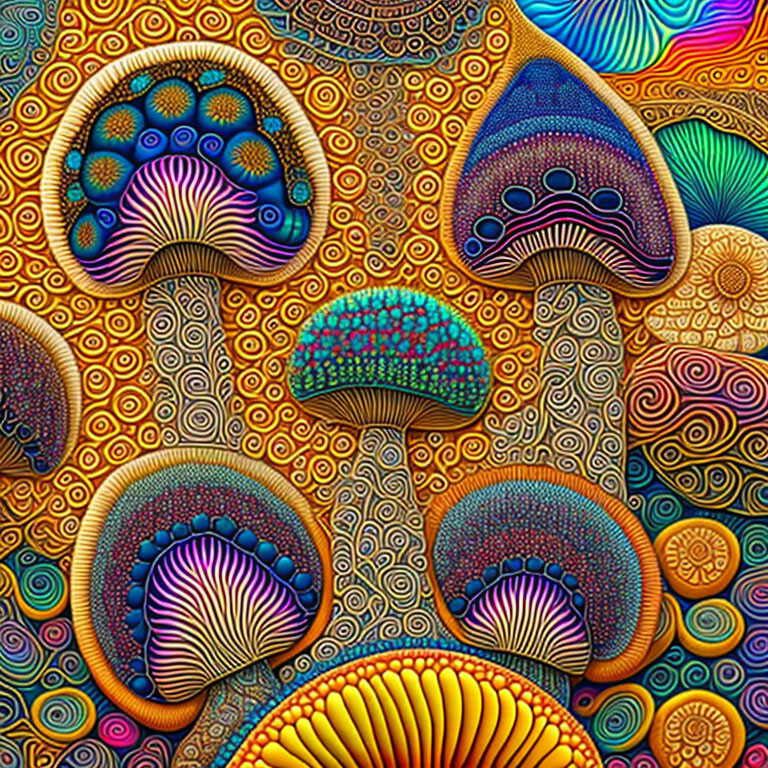 Colorful Abstract Artwork with Psychedelic Mushroom Shapes