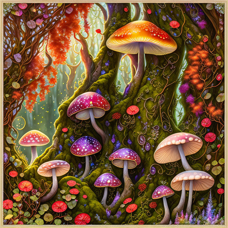 Colorful oversized mushrooms in lush forest illustration.