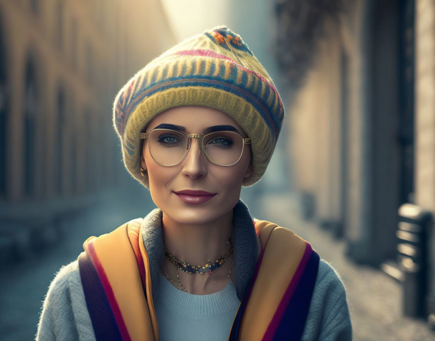 Colorful Striped Beanie and Glasses on Smiling Woman in Sunlit Street