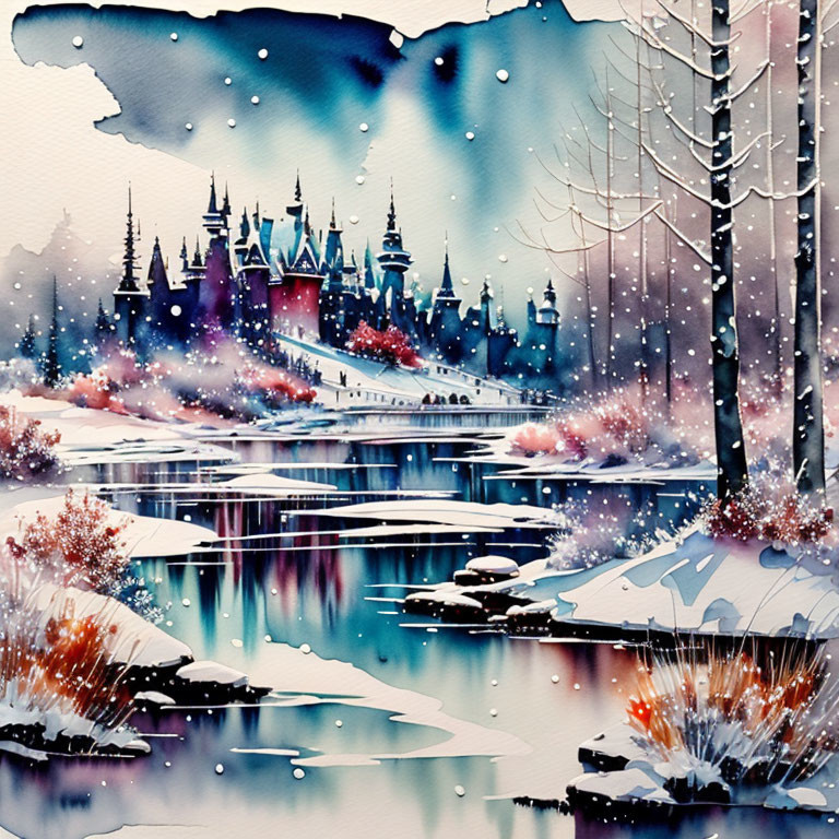 Snowy winter scene with castle, birch tree, frozen river, and violet sky.