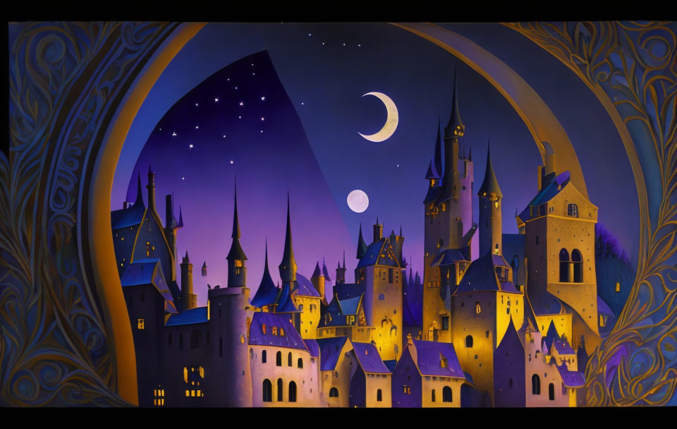 Whimsical castle illustration with crescent moon and stars under golden arch