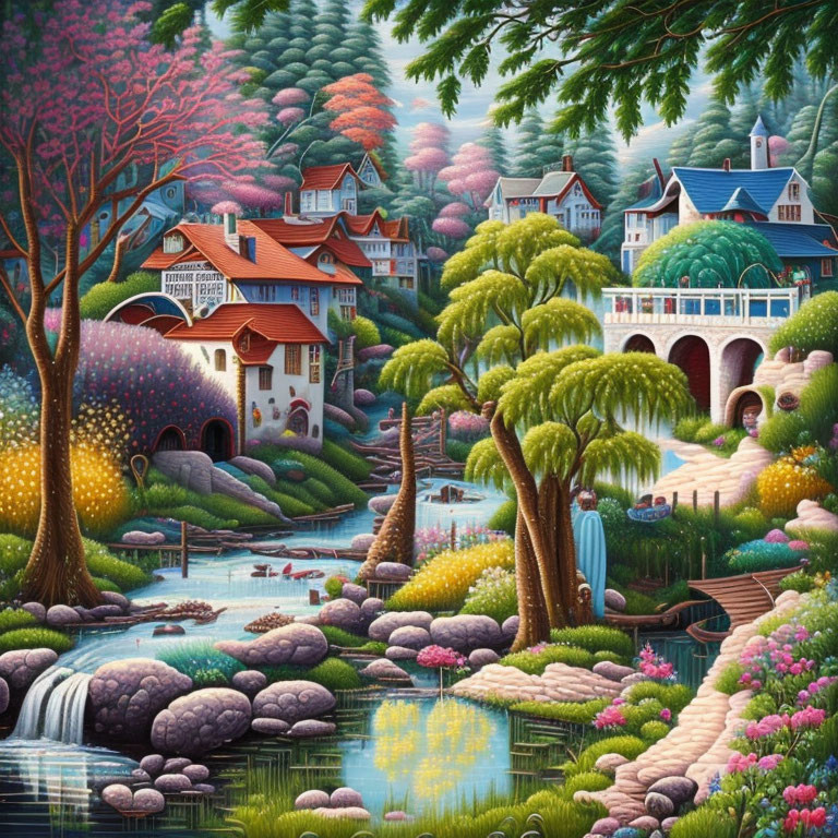 Whimsical landscape painting with vibrant trees and waterfalls