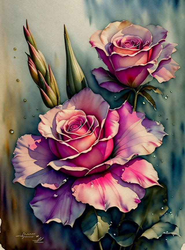 Vibrant purple-pink roses with budding shoot on water droplet-adorned blue background