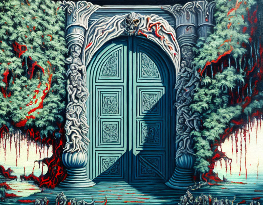 Intricate Green Door in Surreal Dripping Landscape