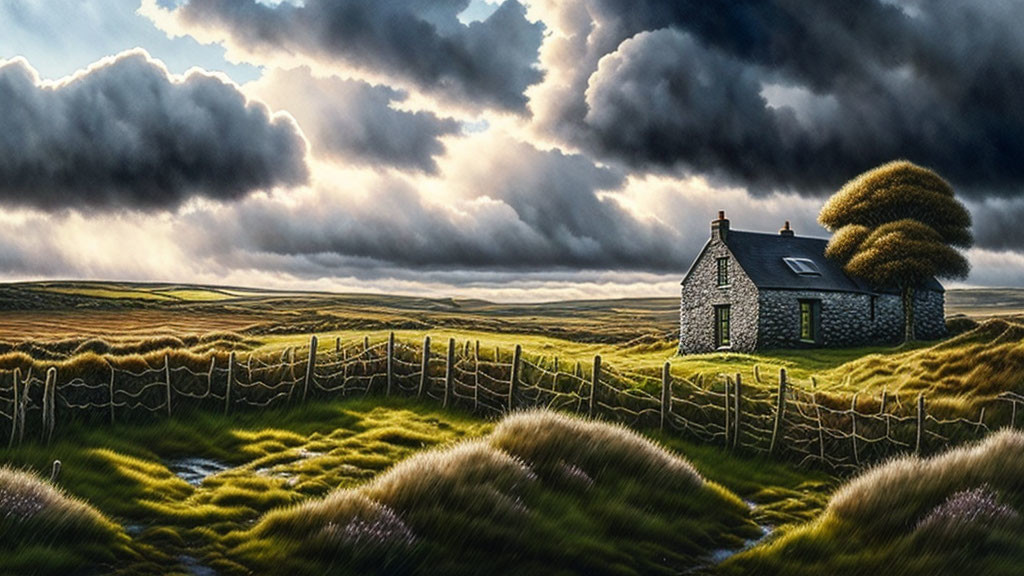 Stone cottage with thatched roof in grassy hills under dramatic sky.