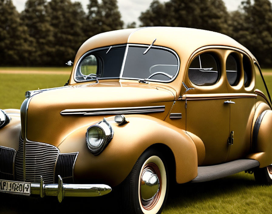 Vintage Golden Car with Chrome Details on Grass Field from Early-Mid 20th Century