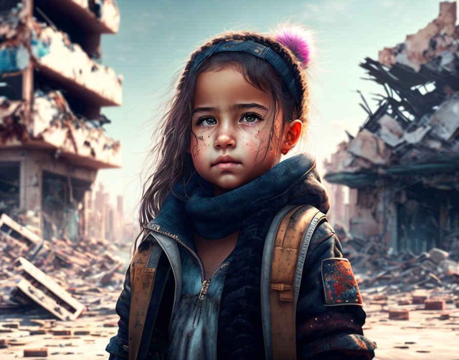 Young girl in scarf and backpack in front of war-torn cityscape