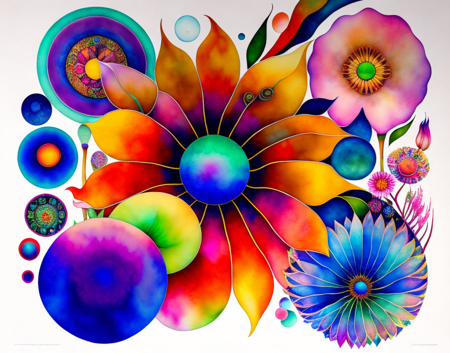 Colorful Abstract Artwork with Overlapping Shapes & Floral Motifs