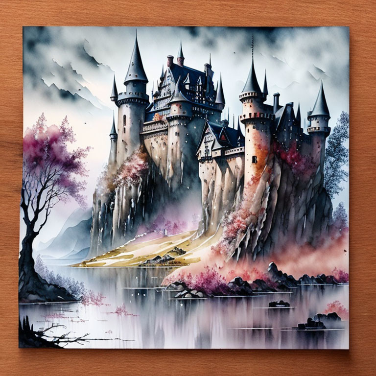 Fantasy castle canvas print with purple trees, lake, and cloudy sky