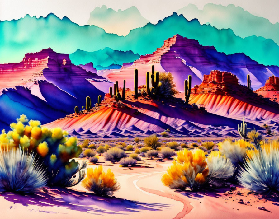 Colorful watercolor painting of desert mesas and cacti under blue sky