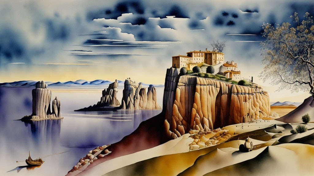 Cliff-side castle overlooking calm sea with boat, tree, and solitary figure