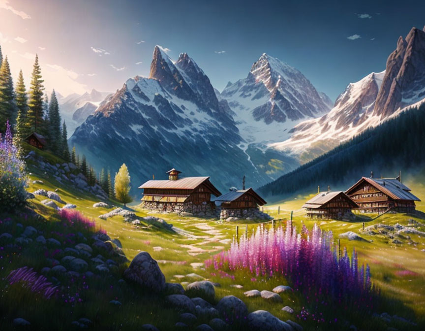 Scenic mountain landscape with alpine houses and wildflowers