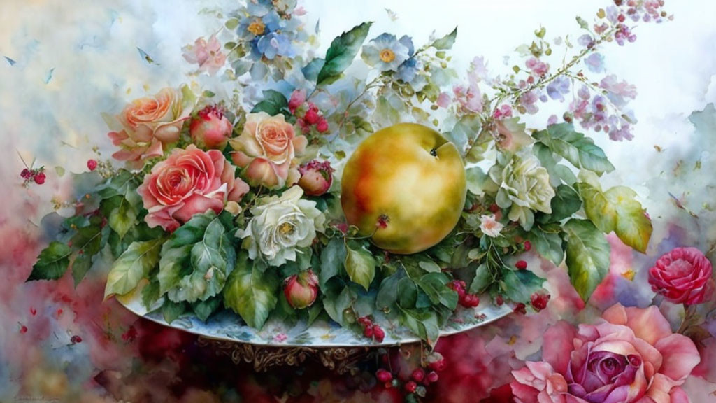 Colorful still life painting with roses, apple, and berries on dreamy background