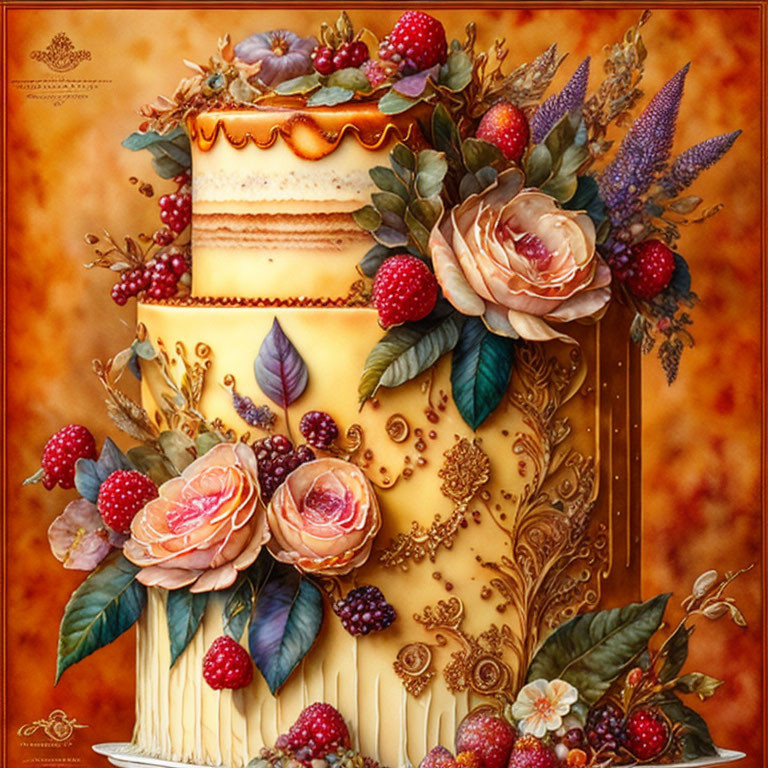 Elegant two-tiered cake with gold accents, roses, berries, and intricate piping on amber background