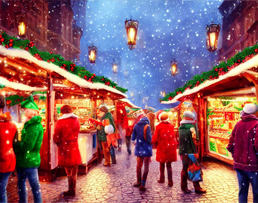 Colorful Christmas Market Scene with Festive Decorations