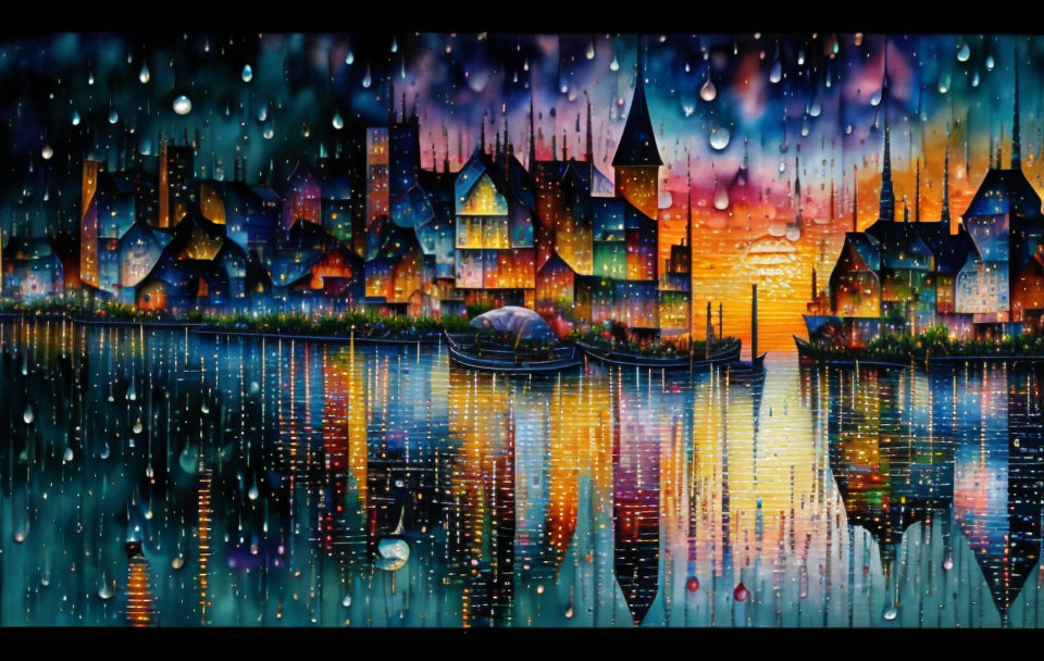 Cityscape Night Painting: Colorful Reflections and Raindrop Ripples