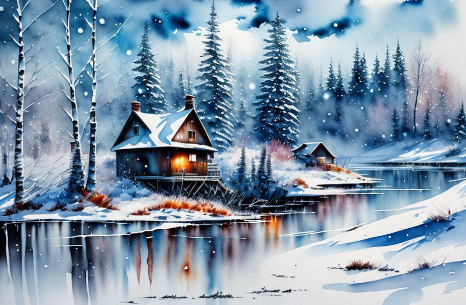 Snow-covered cottages by frozen lake in winter dusk