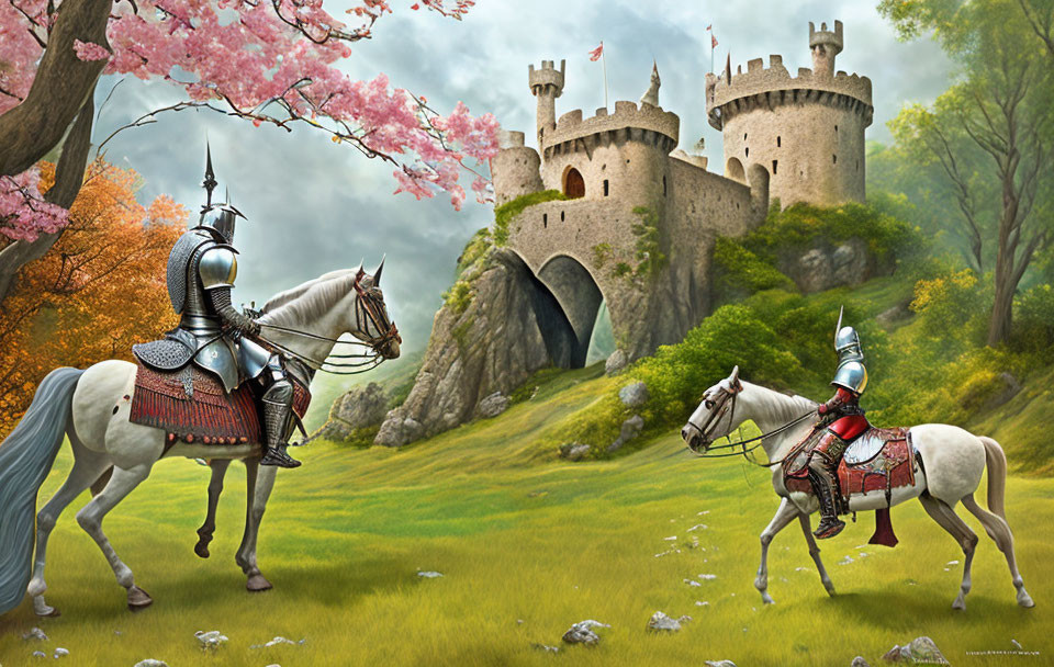 Armored knights on horses in green meadow with castle and cherry blossoms.