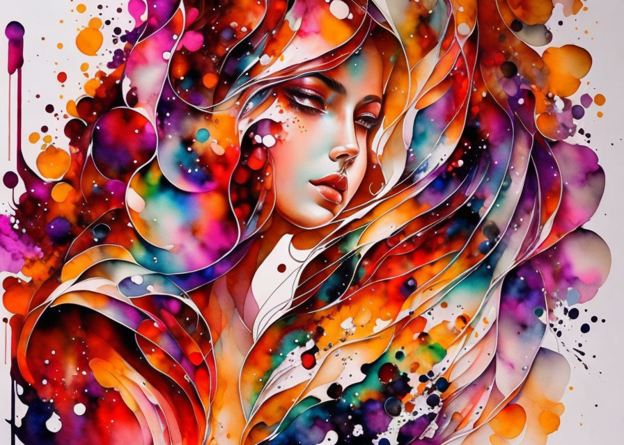 Colorful Portrait of Woman with Flowing Hair and Abstract Watercolor Patterns