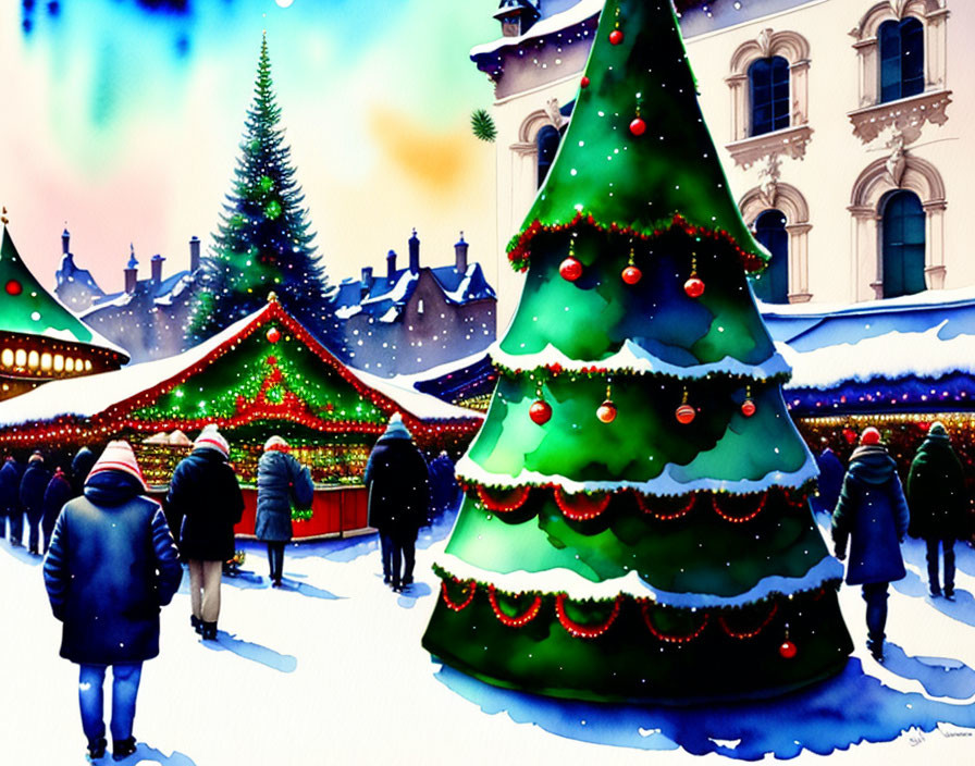 Vibrant Christmas market scene with stalls, tree, and people in winter attire