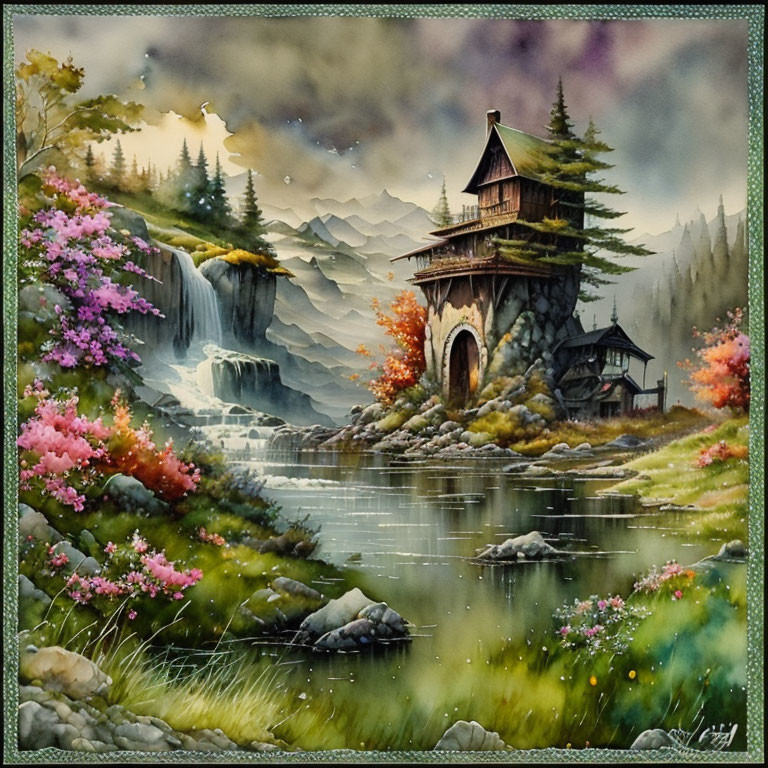 Tranquil landscape with lake, waterfalls, flowers, cottages & mountains