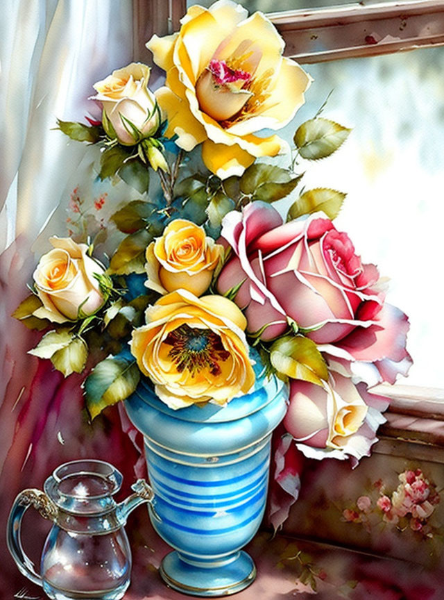 Colorful bouquet of yellow and pink roses in blue vase by window with pitcher