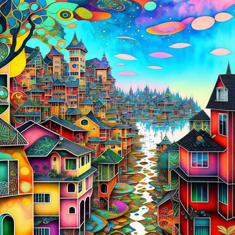 Colorful whimsical landscape with patterned sky and reflective water